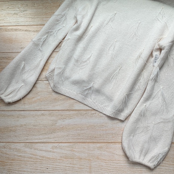Halogen 🤍 Ostrich Feather Ivory Cream Off White Turtleneck Long Sleeve Sweater - Picture 8 of 14
